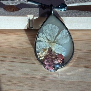 Silver and White Floral Teardrop Pendant